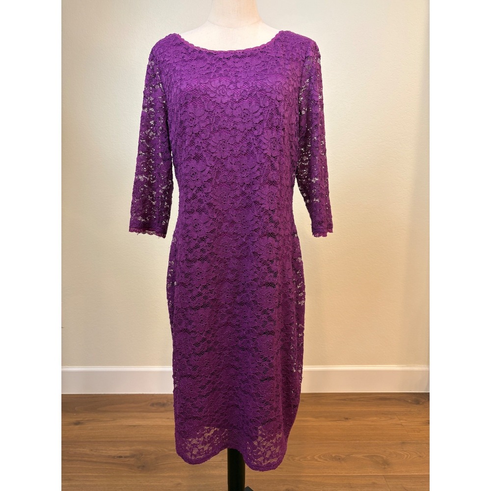 Laundry by Shelli Segal Lace Dress 14 Purple 3/4 Sleeve Sheath Career event Chic